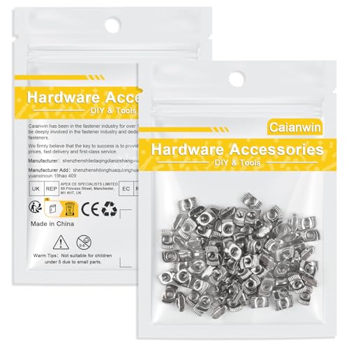 Caianwin Nutensteine Hammerkopfmutter 100 Stück T-Nut M3 Kohlenstoffstahl Vernickelt T-Slot Nutmuttern Hammermutter für Aluminiumprofil-Extrusionsschlitz 20-Serie hammerkopfschrauben