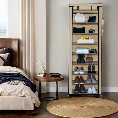 INTIRILIFE Faltschrank 170x58x28 cm in Creme BEIGE - Mit Reißverschluss Stoffschrank Kleiderschrank Schuhregal mit 9 Ablagefächern - Camping Steckschrank Textil Garderobe