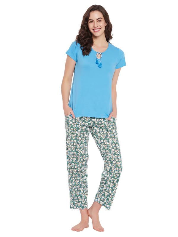 Image of Clovia Women's Cotton Printed Top & Pyjama Set - Blue