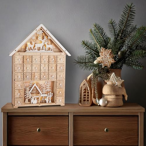 Calendrier de l'Avent en bois de 40 cm illuminé par LED de la marque BRUBAKER