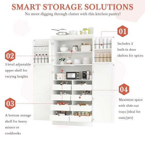 Image of Ball & Cast 71″Tall Kitchen Pantry Cabinet with 8 Pull Out Trays & 4 Doors,Versatile Farmhouse Wood Pantry Storage Cabinet w /2 Doors Shelves and Adjustable Shelves for Kitchen,Dining Room,White