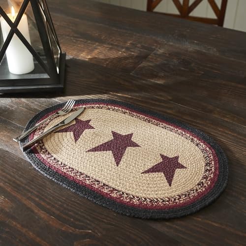 VHC Brands Braided Cotton Placemat 13×19 Cotton Dining Room Kitchen Placemat Dining Table Placemats Woven Place Mat Stenciled Connell Collection Oval 13×19 Stars Burgundy