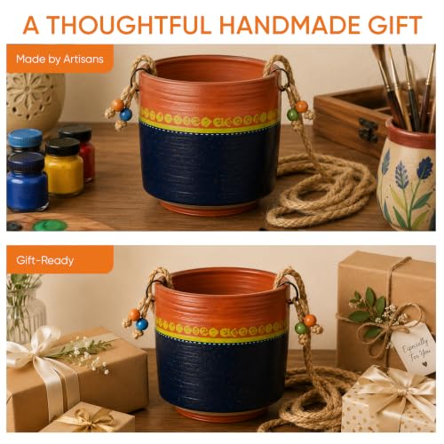 Image of AAKRITI ART CREATIONS Wall Hanging Planter with Hook | Blue & Brown Earthen Planter on Round Wooden, Modern Art, Matte Finish | Metal, Terracotta & Wood | Decorative Hanging Pot for Indoor & Outdoor