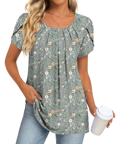 Anymeet 2026 Short Sleeve Summer Fashion Comfy Casual Dressy Tops Loose Fit Blouse Gray Flowers M