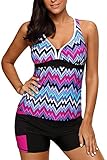 momolove Damen Zweiteiliger V-Ausschnitt Tankini Badeanzug mit Boardshort Übergröße - Violett - 3X-Large