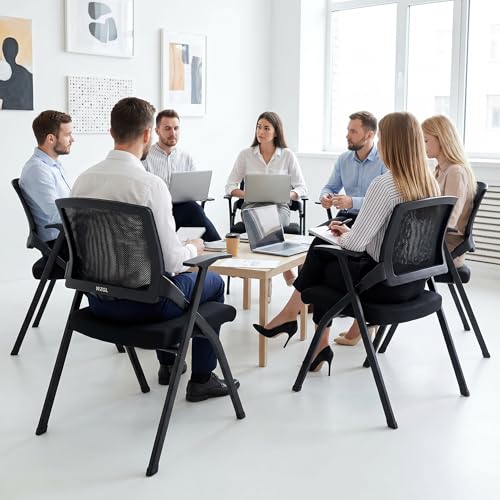 Image of Folding Office Chair Conference Room Chair with Armrest Mesh Back, Stackable Foldable Office Chair for Guest Reception Meeting Classroom Training Seminar (100, Black)