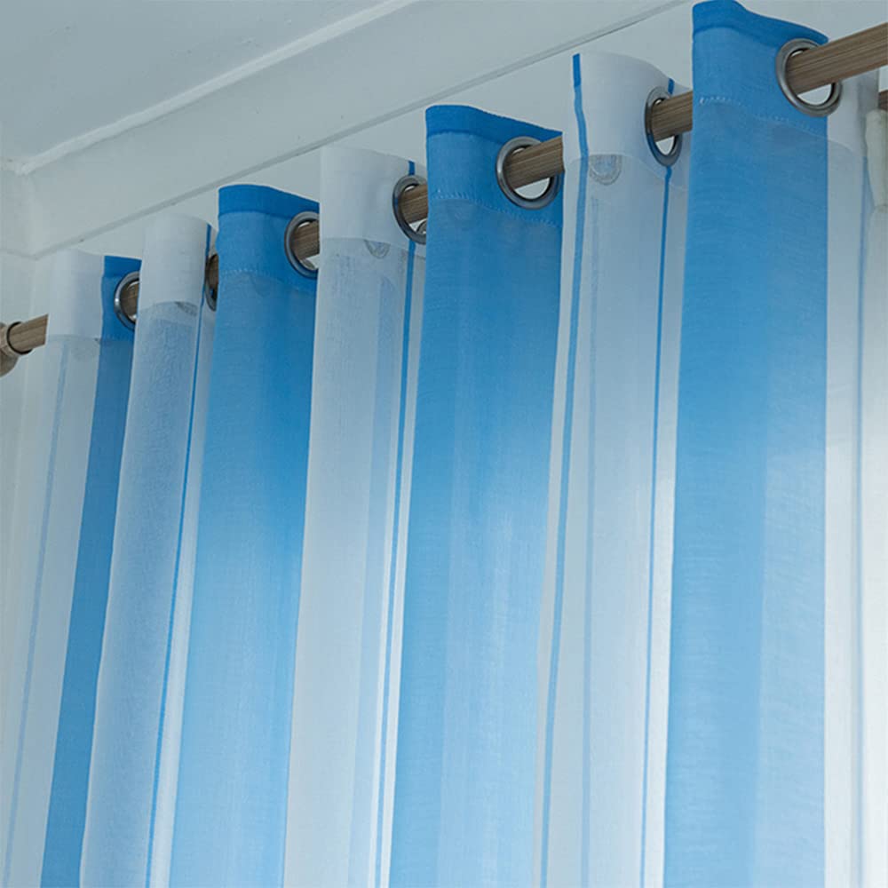 Hiseng Voile Vorhänge mit Ösen Durchsichtig Halbtransparent Ösenvorhang für Fenster Wohnzimmer Schlafzimmer Moderne und Elegante Transparent Gardine 2er Set (Blaue Streifen,137x160cm)