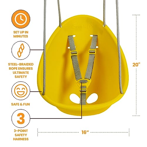 Image of Swurfer Coconut Toddler Swing - Comfy Baby Swing Outdoor, 3- Point Adjustable Safety Harness, Secure, Safe Quick Click Locking System, Blister-Free Rope, Easy Installation, Ages 6 - 36 Months, Yellow