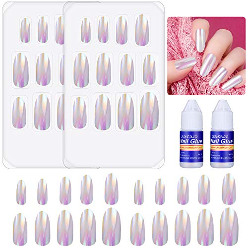 48 Pieces Stiletto Fake Nails Full Cover False Nails Bright Mirror Effect Fake Nail Tips with 2 Pieces Nail Glue for Women Nail DIY Decorations