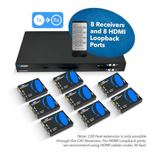 Image of OREI 4K 8x8 HDMI Extender Matrix - UltraHD 4K @ 60Hz 4:4:4 Over Single CAT5e /6 /7 Cable with HDR Switcher & IR Control, RS-232 - Up to 230 Ft - 8 x Loop Out - 8 Receivers Included