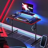 Bestier Gaming Desk 44' LED Lights Small Computer Desk Home Office Table with Monitor Riser, Cup Holder and 2 Headphone Hooks, Black Carbon Fiber,E-Sports Use, Black