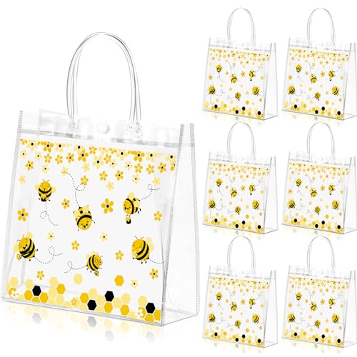 Image of Pasimy 20 Pcs Bee Clear Gift Bag with Handle PVC Honey Bee Birthday Treat Snack Bag Party Favor for Bees Theme Birthday Gender Reveal Baby Shower Party Decoration Supplies