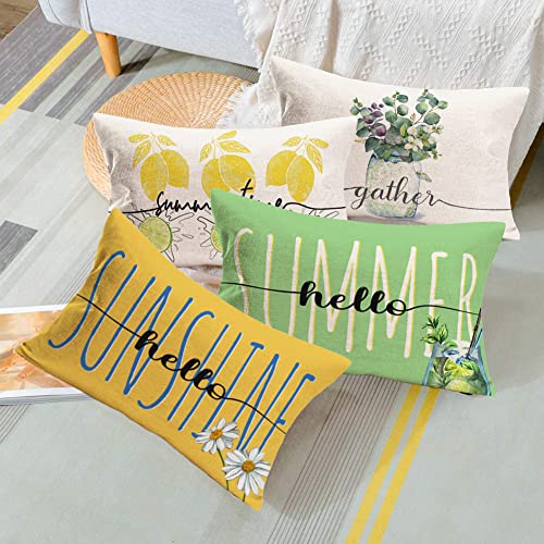 Fukeen Summer Hello Sunshine Pillow Covers 12X20 Inch Daisy Flowers Sunflower Farmhouse Decorations Throw Waist Pillow Cases Cotton Linen Rectangular Oblong Pillows Cushion Cover Yellow Blue #TOP1