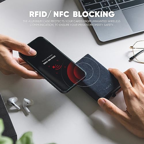 VULKIT Pop up Wallet RFID Blocking Leather Credit Card Wallet with Banknote Compartment, ID Window & Coin Pocket, Alcantara Navy, S, Minimalist