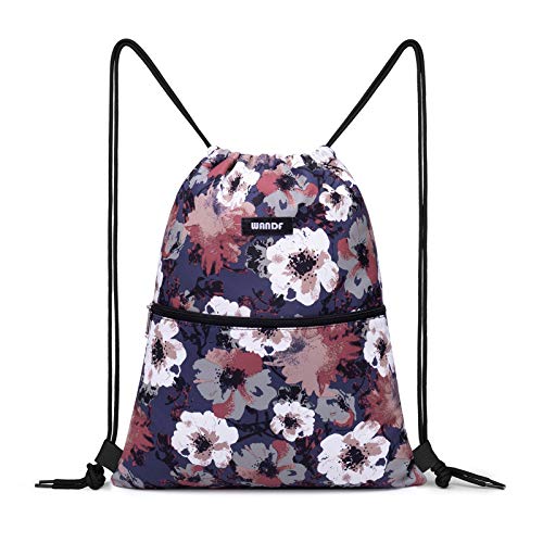 Image of WANDF Drawstring Backpack, Gym Sackpack for Sports (Blue Flower) | Water-Resistant, Shopping, Yoga, Travel, Beach, Daily Carry