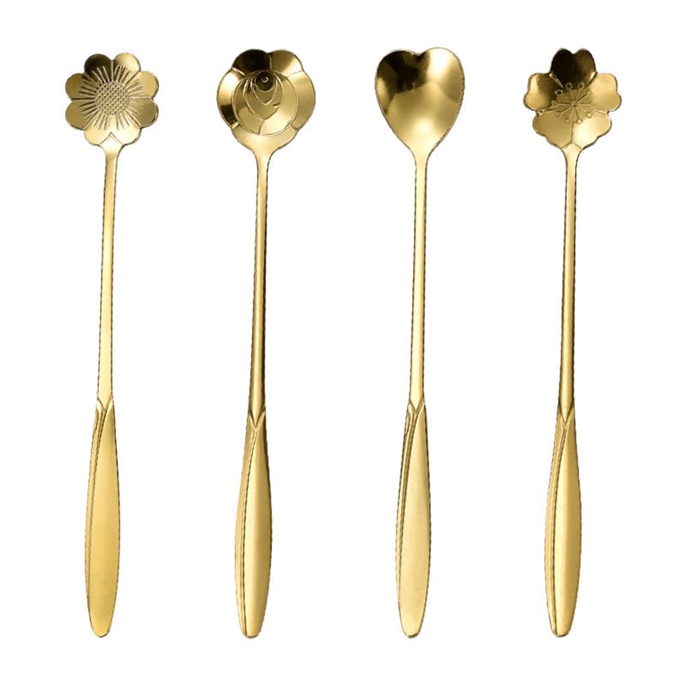 CTRLZS Stainless Steel Cherry Flower Gold Scoop Coffee Spoon Gift Kitchen Dessert Tea Parts Accessories Tableware Decoration Set 18Cm