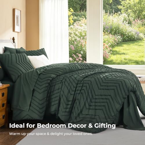 Image of Litanika Forest Green Queen Size Comforter Set with Sheets - 7 Pieces Bed in a Bag Queen Boho Tufted Complete Bedding Sets with Comforter, Sheets, Pillowcases & Shams