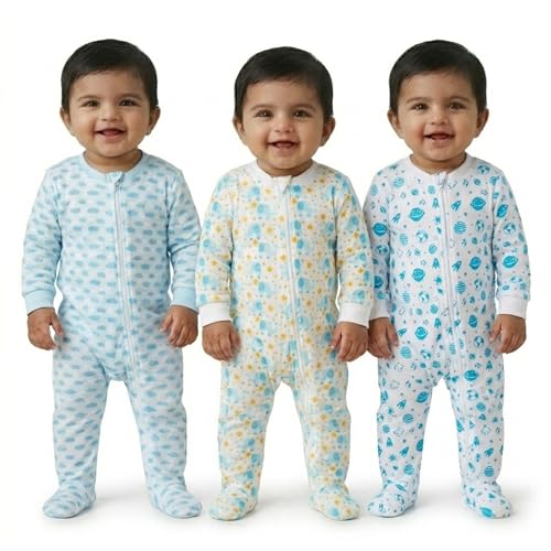 Image of The Mom Store Baby Zipper Romper for Boys and Girls Combos | Cotton | Soft and Comfortable Infant Bodysuit | Trendy Stylish Sleepsuit Nightsuit for Newborn Baby | Printed | Unisex Sleep Wear