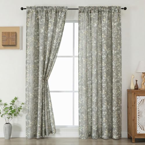 Image of Chyhomenyc Light Filtering 84 Inch Window Curtains - Linen Blend Floral Printed Curtains Drapes for Living Room, Soft Farmhouse Curtain for Bedroom, 52Wx84L Inch, 2 Panels, Grey