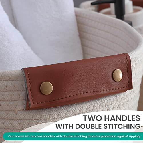 Organizix 3 Pack Woven Cotton Rope Shelf Storage Basket With Leather Handles, Baby Nursery Storage Bin Organizers, Closet Shelf Storage - 15 X 10 X 9, Cream #TOP3