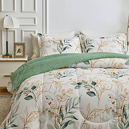 Joyreap 3Pcs Botanical Comforter Set Full/Queen, Green N Golden Leaves On White Reversible Design, Soft Microfiber Bedding Comforter Set For All Season, 1 Comforter N 2 Pillow Shams, 90X90 Inches #TOP3