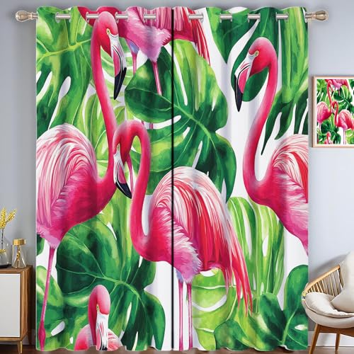 MULERN Cortinas Salon Termicas, Aislantes Frio Y Calor 140An X 200Al Cm Cortinas,Flamenco Monstera Opacas Cortinas, Tropical Dormitorio Cortina Blackout para Riel Cortinas 2 Piezas