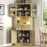 74'Tall Corner Cabinet with Charging Station and LED Lights,Fluted Kitchen Pantry Storage Cabinet with Drawer and Hidden Panel,Kitchen Pantry Cabinets with Doors and Shelves for Dining Room(Oak)