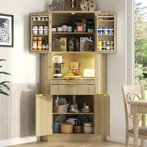 74"Tall Corner Cabinet with Charging Station and LED Lights,Fluted Kitchen