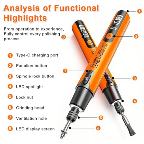 Image of Verilux Mini Cordless Rotary Tool with 6-Speed Adjustment and LED Light, Bi-Directional Rotation, 3.7V Lithium Battery, and 34 Accessory Kit for Efficient Engraving, Sanding, Polishing, Craft Work