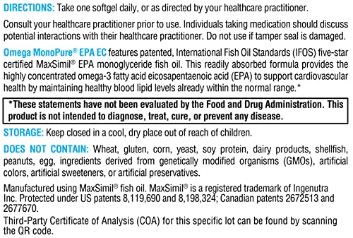 Xymogen Omega Monopure Epa Ec - Epa To Support Cardiovascular Health - Omega-3 Supplement With Ifos Five-Star Certified Fish Oil - Promotes Maintenance Of Healthy Blood Lipid Levels (30 Softgels) #TOP2