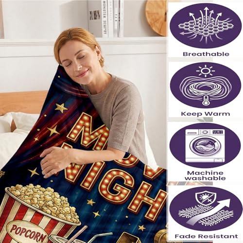QIJINYUFA Movie Night Throw Blanket, Cinema Theme Decorative Multi-Use Fleece Blankets for Movie Lovers Birthday, Popcorn Film Reel Pattern Home Theater Decor for Couch Bed Sofa Nap 50"x60" — view 4