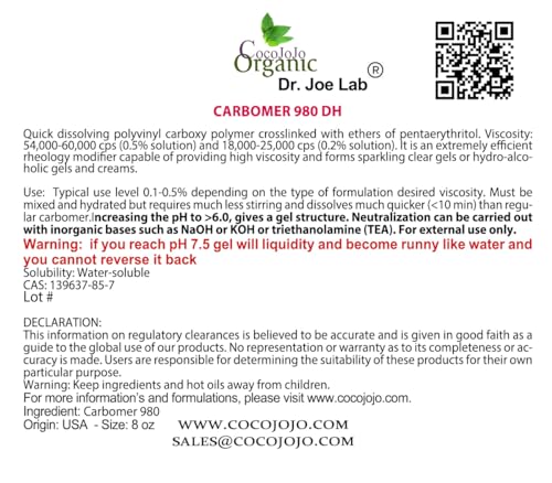 cocojojo - Carbomer 980 / Carbopol 8 oz - 227 gr Cosmetic Ingredient - All Purpose Thickening Agent Cosmetic Formulation Gel Cream Lotion DIY Cosmetics Carbopol Emulsify - Packaging May Vary - Image 3