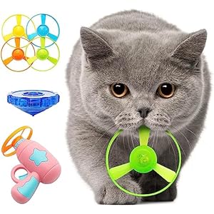 Cat Fetch Toy, Interactive Flying Cat Toy with 1 Light Up Spinning Tops, 1 LED Flying Propellers and 4 Flying Propellers, Dog Cat Kitten Tracks Toy for Training Hunting Chasing(Pink)