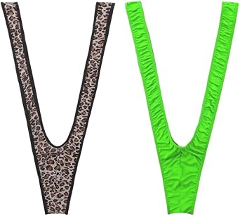 FUIPVGI 2 Pcs Men's Borat Mankini V-String Sexy Underwear Man Underwear Swimsuit High Cut Thong Joke Gifts for Men Leopard Print and Green, One Size