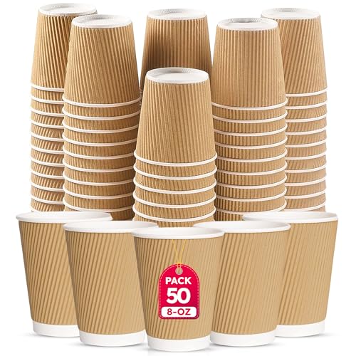 CHEF ROYALE 50x 8oz Disposable Kraft Ripple Paper Hot Coffee Cups - Paper Cups for Hot and Cold Drinks - Insulated Takeaway Coffee Cups for Eco-Friendly Hot Cups Wedding Birthday Party (50, 8oz)