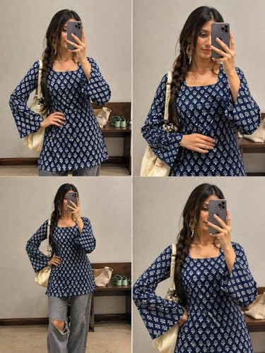 Image of SONISHA Women's Rayon Floral Print Short Kurti for Women Elegance Square Neck, Long Sleeves with Style Criss Cross Back Kurti, Top for Office Wear, Casual, Outdoor