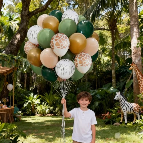 Image of Green Brown Balloons Sage Green Khaki Nude Zebra Giraffe Print Balloon Dark Olive Avocado Coffee Apricot Beige Birthday Party Decorations for Boys Jungle Safari Woodland Forest Animal Baby Shower