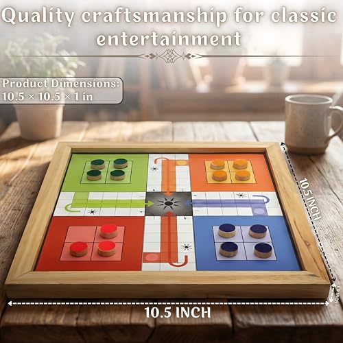 Image of Wooden Ludo Board Game with Snakes & Ladders - 2 in 1 Handmade Pure Wood Board Game Set | Classic Family Indoor Game for Kids & Adults | Travel Friendly Traditional Game with Dice & Pawns (10.5 Inch)