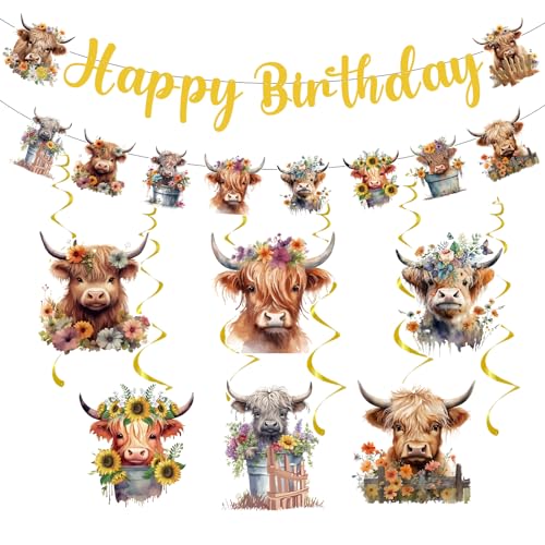 Highland Cow Birthday Party Decorations - NOVBAUB 21PCS Highland Cow Theme Happy Birthday Decorations Banner Hanging Swirls Farm Themed Party Streamers Party Decor Supplies