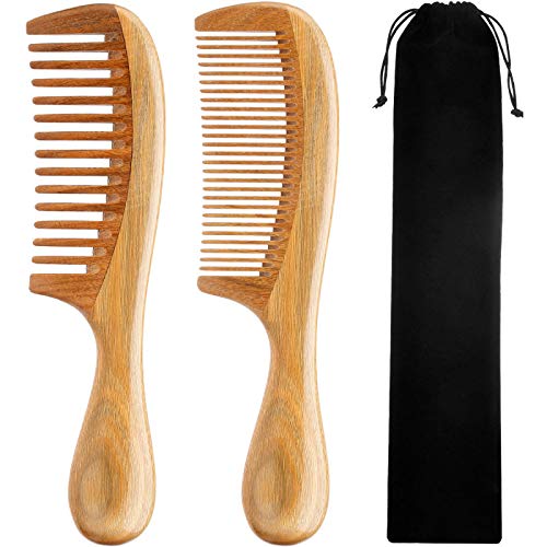 TecUnite 2 Pieces Hair Combs, Wide Tooth Hair Comb and Fine Tooth Hair Brush, Green Sandalwood Buffalo Horn Combs for Women, Men and Girls (Wood Color)