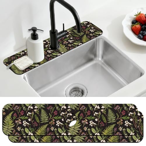 CONCHLERY 2 Pcs Kitchen Sink Splash Guard Faucet Mat Vintage Fern and Berries Pattern Faucet Mat for Sinks Absorbing Drying Mat for Kitchen Bathroom, 23.6x5.5inch