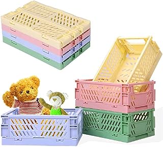 Mini Storage Baskets, 4 Pcs Plastic Foldable Storage Baskets Desk Crates Storage Box Stackable Small Desktop Organizer for Office Kitchen Bathroom (Small)
