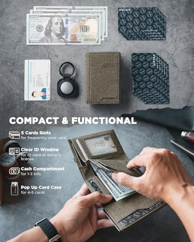 Image of VULKIT Pop up Card Wallet with AirTag Holder RFID Blocking Credit Card Holder with Banknote Compartment & ID Window, Green, Minimalist