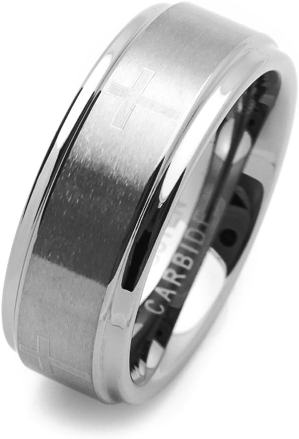 DoubleAccent 8MM Comfort Fit Tungsten Carbide Wedding Band Cross Engraved Flat Ring (7 to 14)