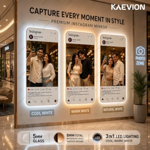 Image of Instagram Theme LED Selfie Mirror (2x4ft - Rose Gold Frame, 5MM HD Glass with 3-in-1 Backlit LED Lights - Customizable Full-Length Wall Mounted Smart Vanity Mirror