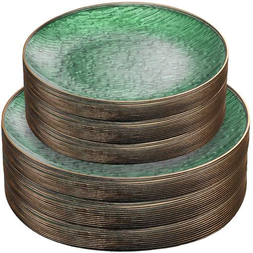 PLASTICPRO 96 Pieces Elegant Plastic Plates for Party Green with Gold Rim Includes 7" inch and 10" inch Fancy Plastic Plates Disposable Dinnerware