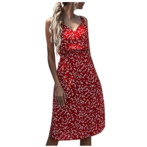 LianMengMVP Vestidos sin Mangas de Lunares Bohemios para Mujer Vestido Largo de Moda con Cuello en V Estampado Floral Midi Vestido Casual Elegante Playero Verano Vestido de Fiesta Playa