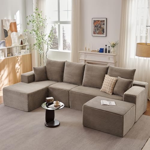 Image of Lakifun 135 inch L-Shape Sofa with Ottoman, Modern Modular Sectional Comfy U-Shape Cloud Couch, Deep Seat, Upholstered Corduroy Sleeper Chaise Longue for Living Room Bedroom, No Assembly Required, Camel