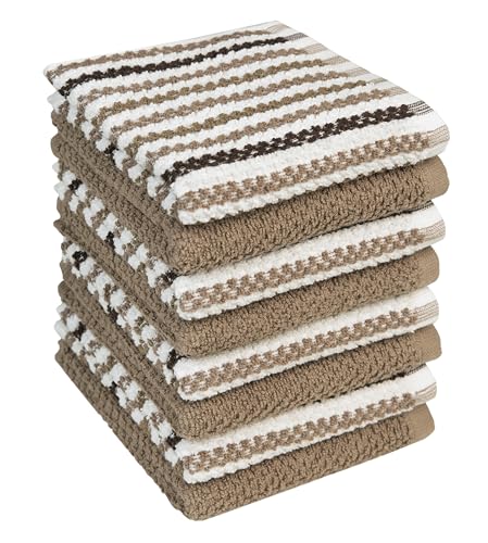Bumble Towels Premium Dish Cloths 12"x12" | 100% Natural Ring Spun Cotton Tea Towel Set | 430 GSM | Highly Absorbent & Soft Kitchen Towels | 8 Pack - 4 Popcorn Wide Striped & 4 Solid Tan