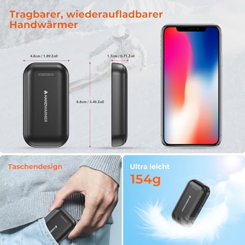 AICPAN Handwärmer Elektrisch - 2er-Pack 6000mAh Magnetischer Taschenwärmer, USB-C Elektrische Handwärmer Wiederaufladbar Schnellheizung… – Ansicht 6
